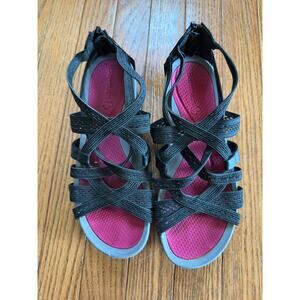 Bearpaw Black Leather Sport Sandals – Women’s 7.5M, Back Zip, Elastic Straps